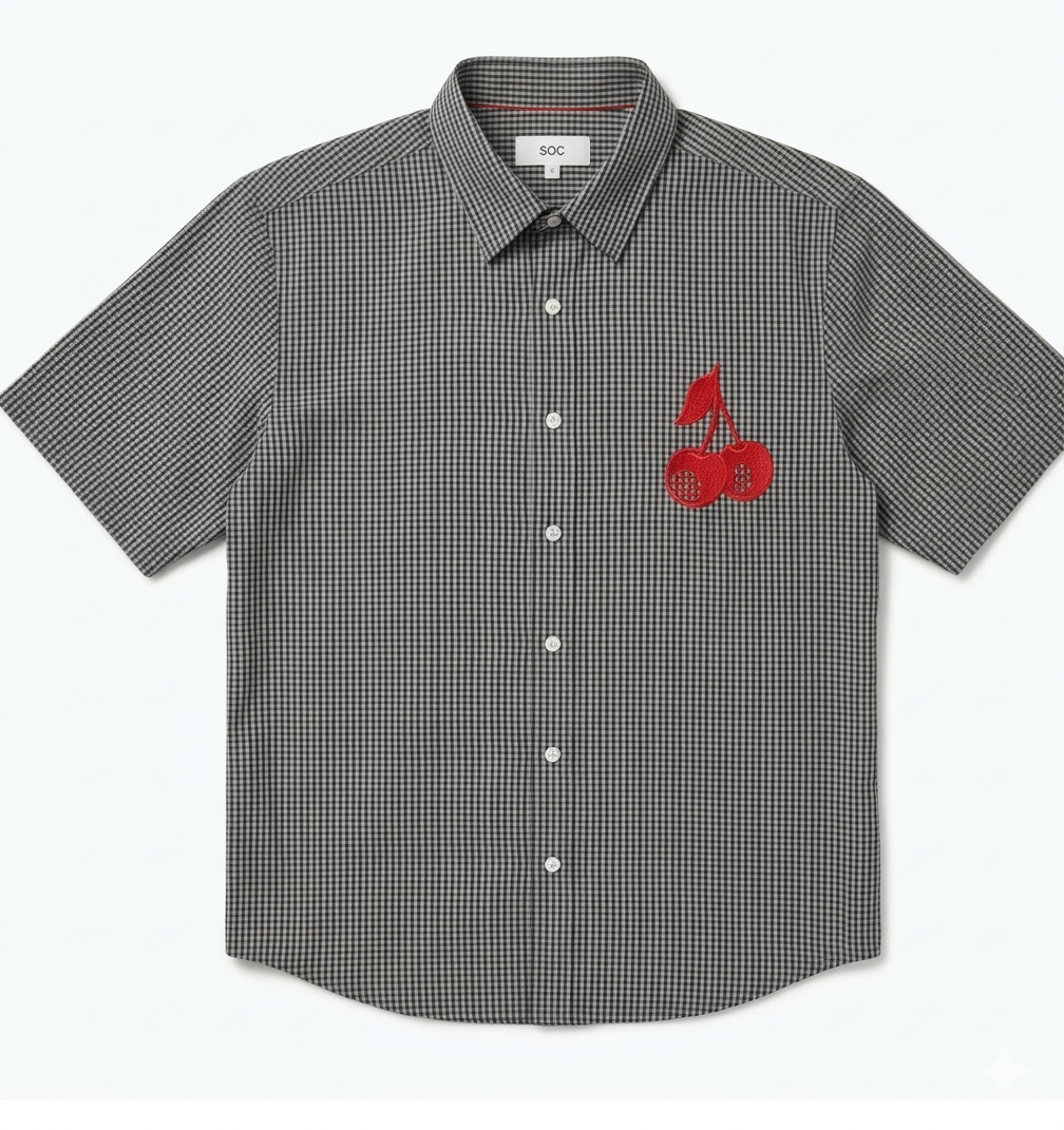 Men's Grey/black Half Sleeve Shirt with Red Cherry Embroidery
