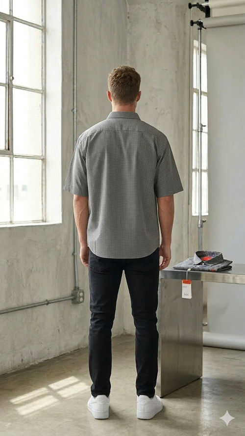 Men's Grey/black Half Sleeve Shirt with Red Cherry Embroidery