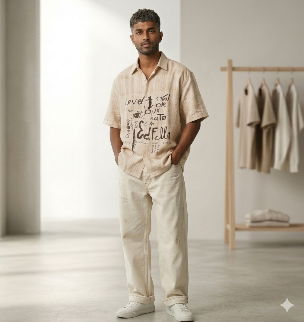 Men’s Beige Typography Oversized Shirt – Premium Casual Street Style