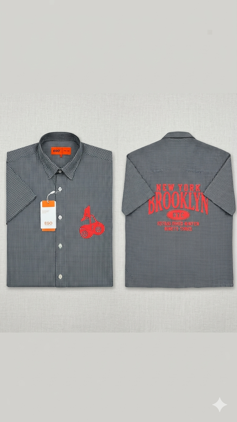 Men's Grey/black Half Sleeve Shirt with Red Cherry Embroidery