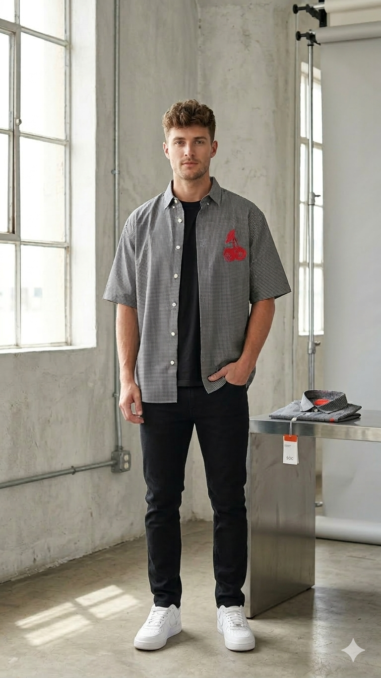 Men's Grey/black Half Sleeve Shirt with Red Cherry Embroidery