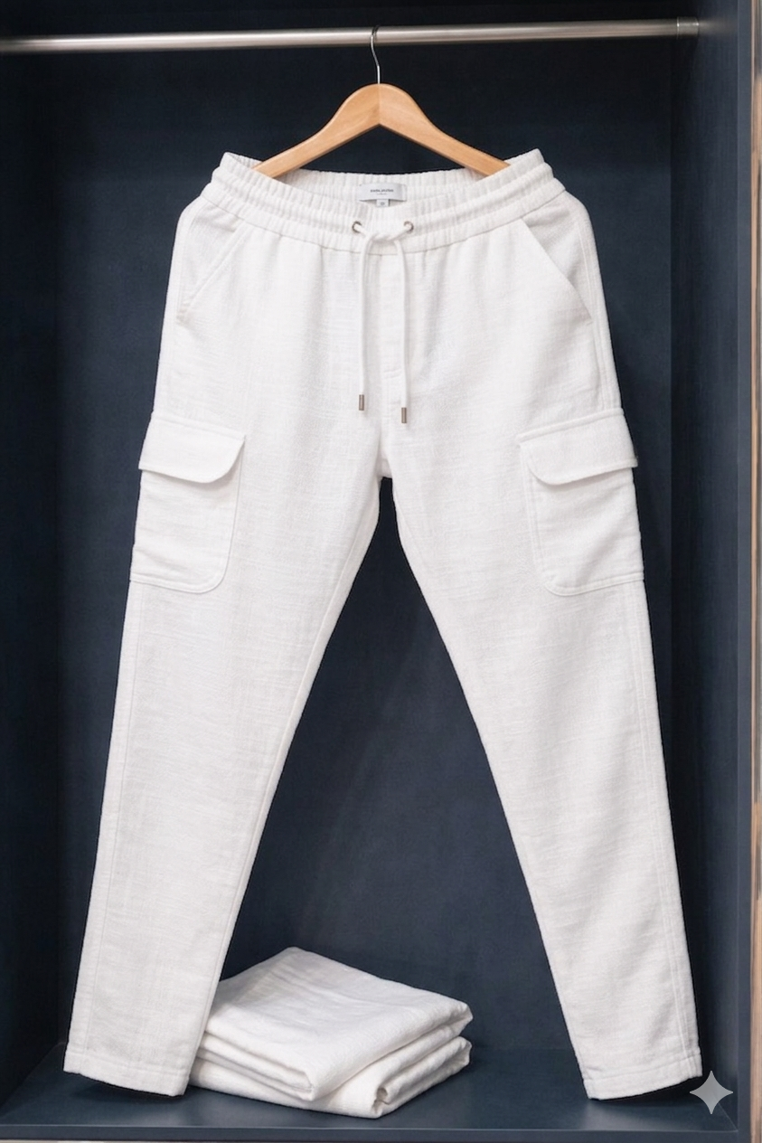 Premium Heavyweight Cotton Linen Cargo Pants  White/Bone